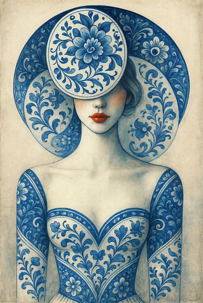 Delft Blue Woman with Flowers by Kleurenrijk