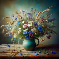 Stilleven, vaas met korenbloemen en veldbloemen