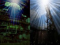 außerirdische Landschafts collage Strahlen und Sterne