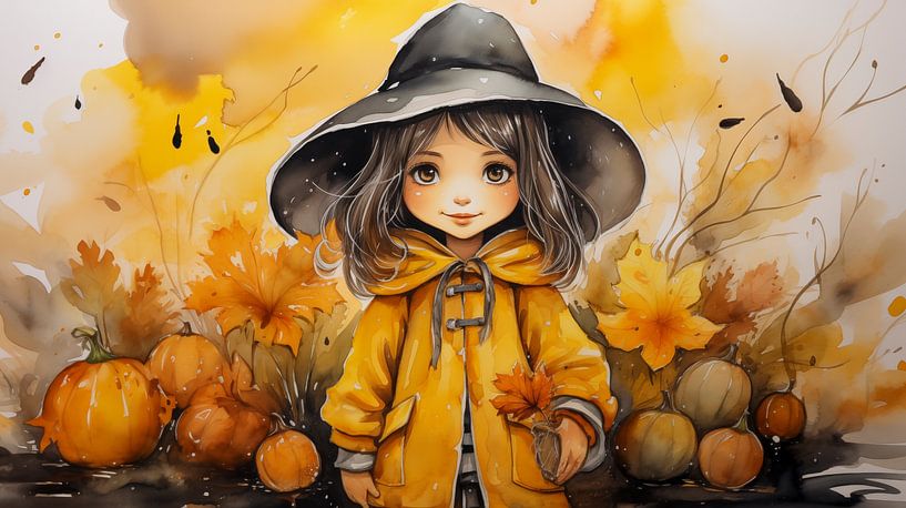 20h painted witch watercolour little girl in a yellow mackintosh, watercolour art design by Animaflora PicsStock