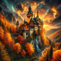 Magical golden landscape with castle