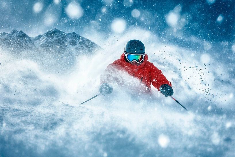 Skieurs dans un panorama enneigé par Poster Art Shop