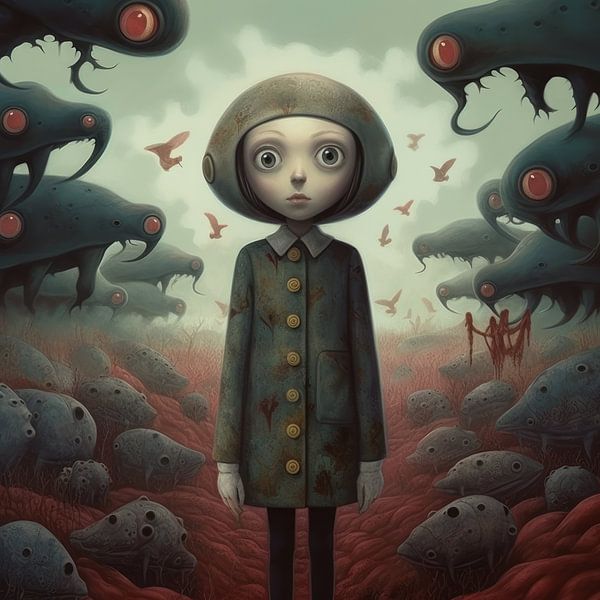 Bizarre alien landscape or planet with strange monsters and a girl by Art Bizarre
