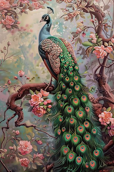 Peinture paon et fleurs par Thea