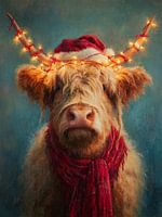 Weihnachts-Highlander-Kuh mit Hut und Lichtern