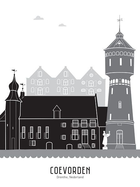 Skyline-Illustration der Stadt Coevorden in schwarz-weiß-grau von Mevrouw Emmer