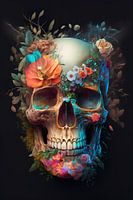 Crâne avec fleurs colorées sur fond noir