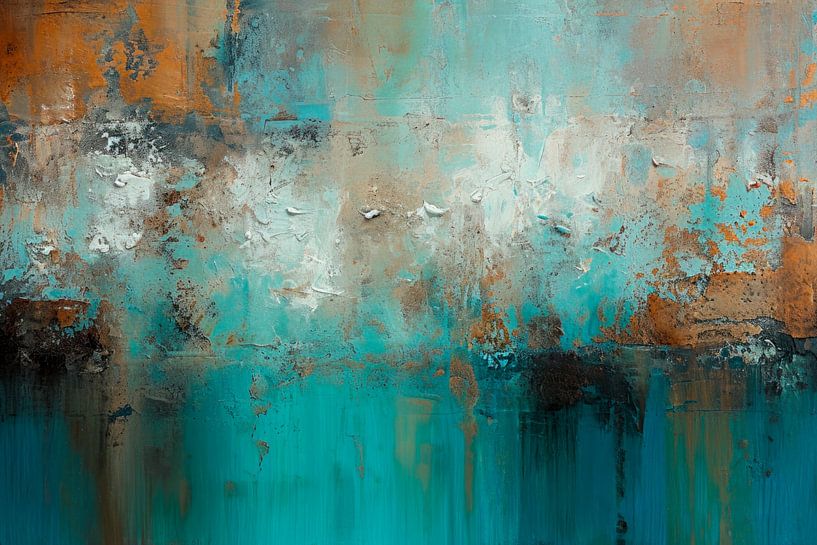 Amber Tide – Abstracte Compositie in Turquoise, Wit en Goudbruin van Joriali Abstract