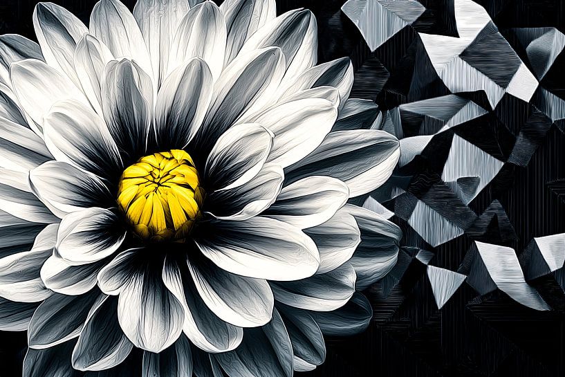 Schwarze und weiße Blume mit gelbem Herz von Art & Soul Creations