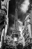 Eiffel Tower Paris from alley black and white