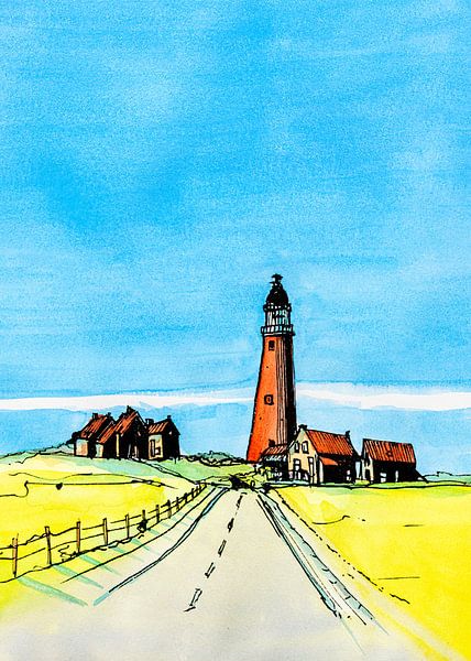 Texel | Phare d'Eierland depuis le Vuurtorenweg | Peinture à l'aquarelle faite à la main par WatercolorWall