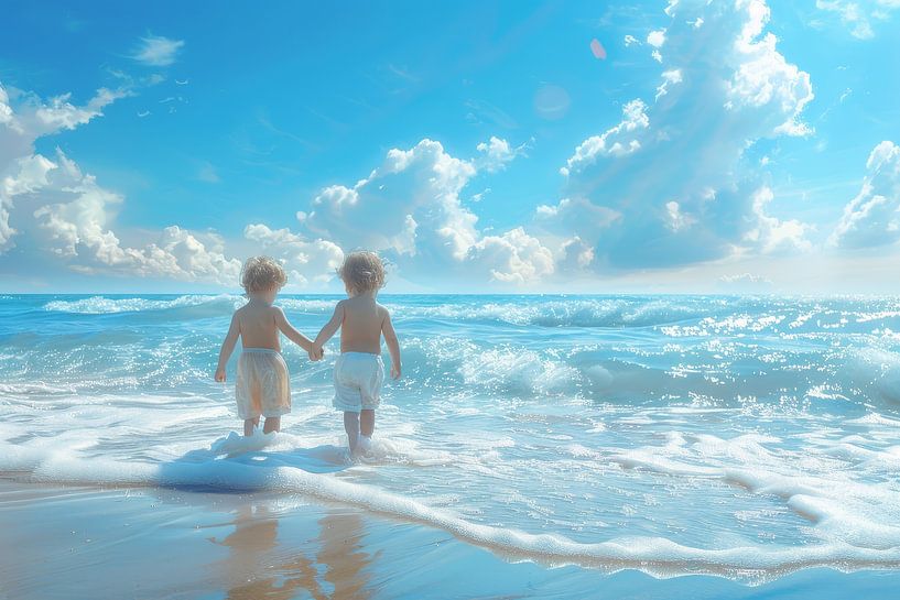 zwei Kinder am Strand mit Blick auf das Meer von Egon Zitter