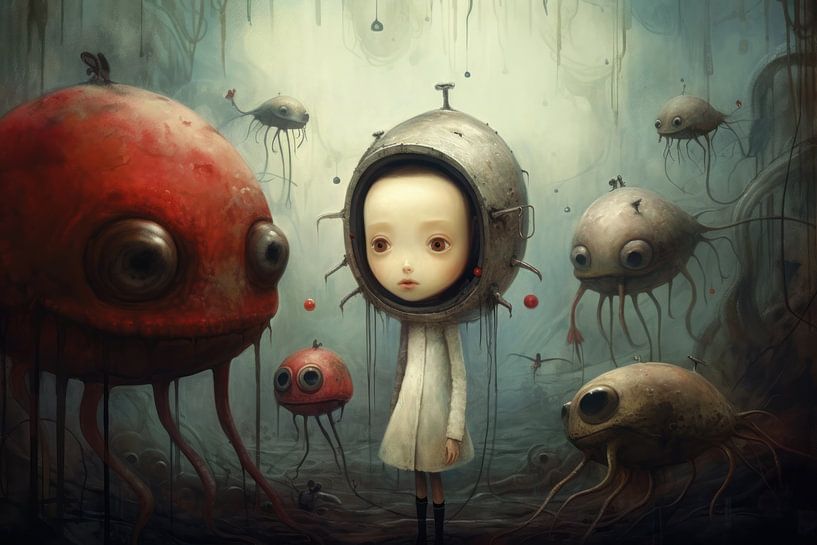 Bizarre alien landscape or planet with strange monsters and a human being by Art Bizarre