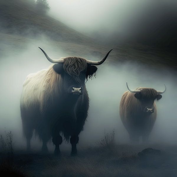 Bovins des Highlands dans le brouillard par Daniel Kogler