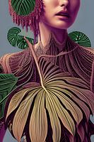 Vrouw in Monstera Deliciosa-bladeren