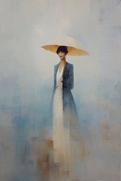 Abstract schilderij vrouw met paraplu – dromerige kunst in blauw en beige van Marijke Trienekens