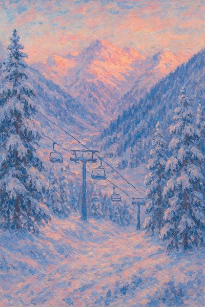 Impressionistischer Wintersonnenaufgang in den österreichischen Alpen - Schneegemälde von Ischgl im Monet-Stil von Travel Shop
