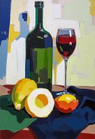 Stilleben mit Wein und Obst.