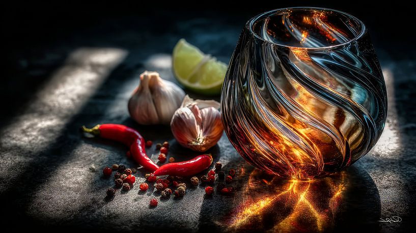 red peppers - garlic - lime - lemon on a black background with dramatic light by Gelissen Artworks