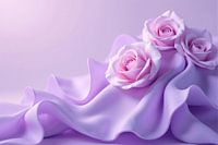 Drei rosa Rosen auf lavendelfarbenem Stoff