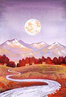Vollmond Lila Orange Berg und Fluss Landschaft