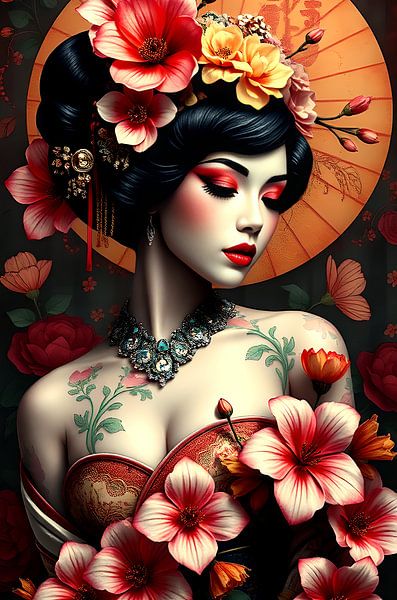 Geisha orientale avec des fleurs par Egon Zitter