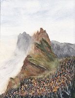 Misty mountains watercolor painting dolomites italy