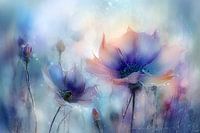 Fantasievolle Mohnblumen in violett und orange Aquarell