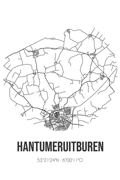 Hantumeruitburen (Fryslan) | Carte | Noir et blanc par Affiches de lieux