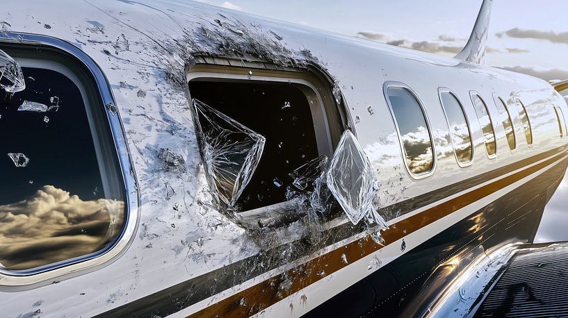 Shattered window of a private jet by Frank Heinz