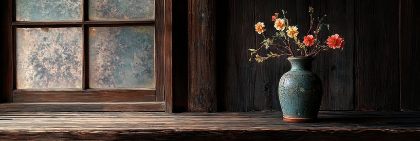 Still life Japanese vase with bright flowers in dark interior panorama by Digitale Schilderijen