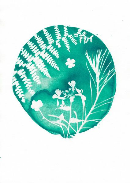 Apfelblauer meergrüner Kreis mit Farnen &amp; Blumen von Lies Praet