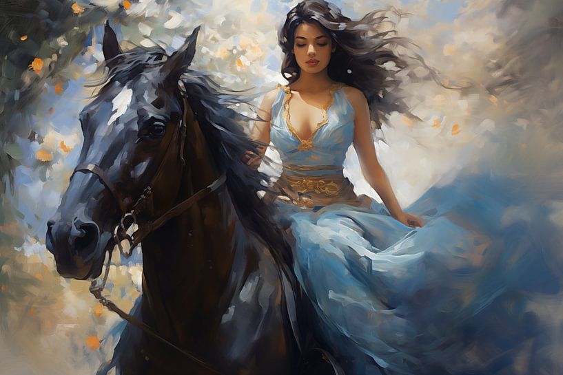 Oil painting of a beautiful girl in a blue dress riding a horse by Animaflora PicsStock