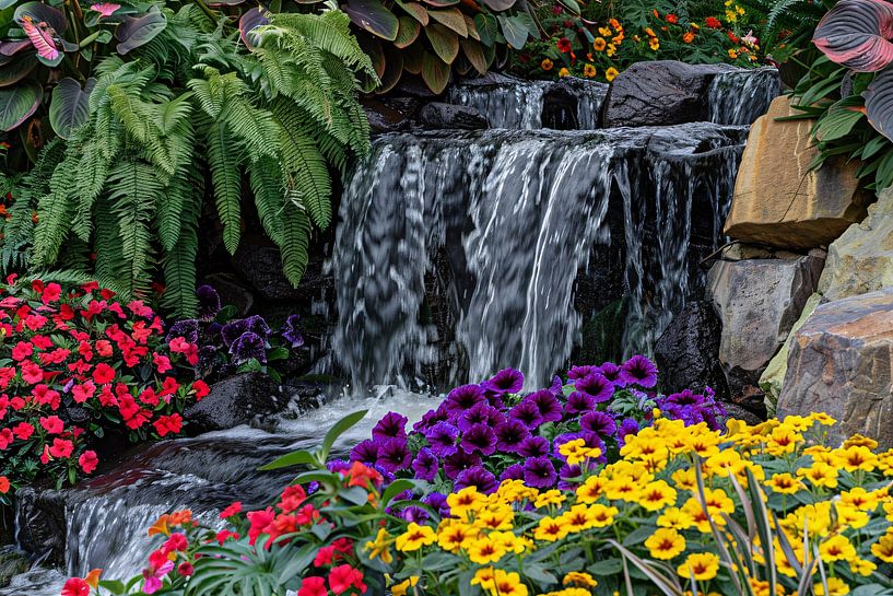 Bunter Garten mit Blumen und Wasserfall von Art & Soul Creations