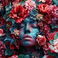 Woman in a sea of flowers, lost in thought