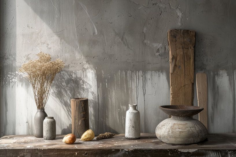 Nature morte avec bois &amp;amp ; béton dans le style campagnard par Digitale Schilderijen