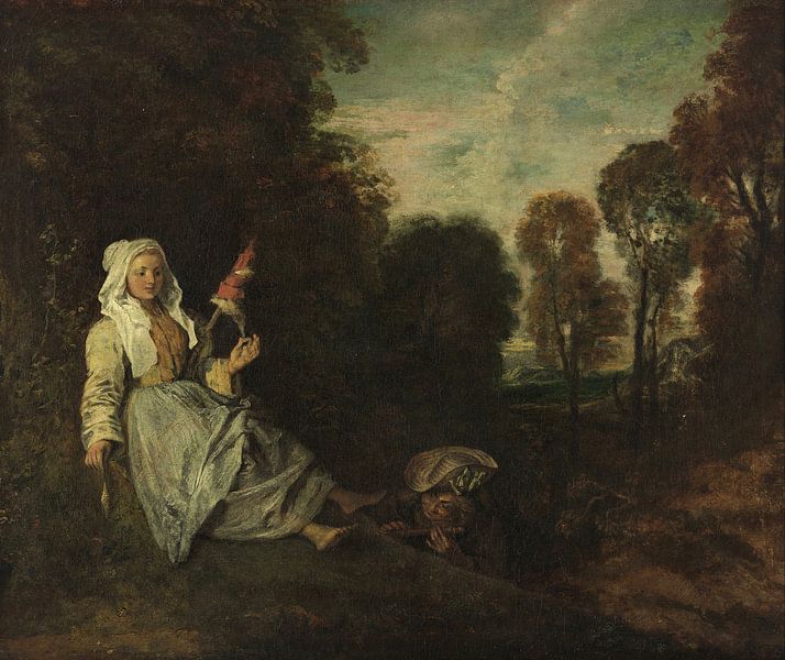Abendlandschaft mitJungfer, Jean Antoine Watteau von Meisterhafte Meister