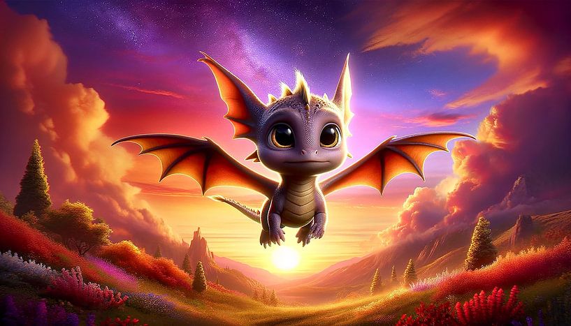 Sonnenuntergangsflug des jungen Drachens im Tal von artefacti