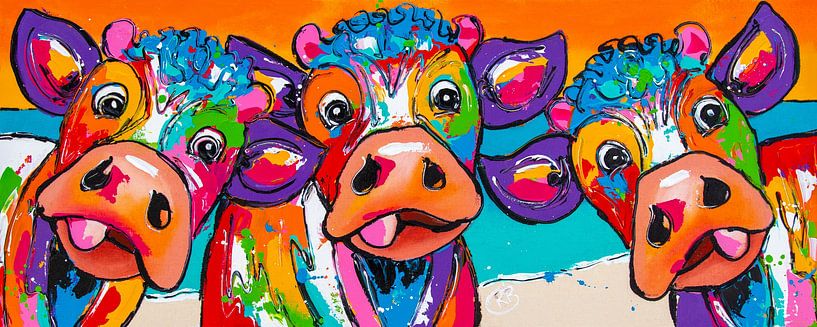 Drei komische Kühe bei Sonnenuntergang von Happy Paintings / Renata Rolefes