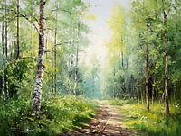 Chemin forestier ensoleillé, huile