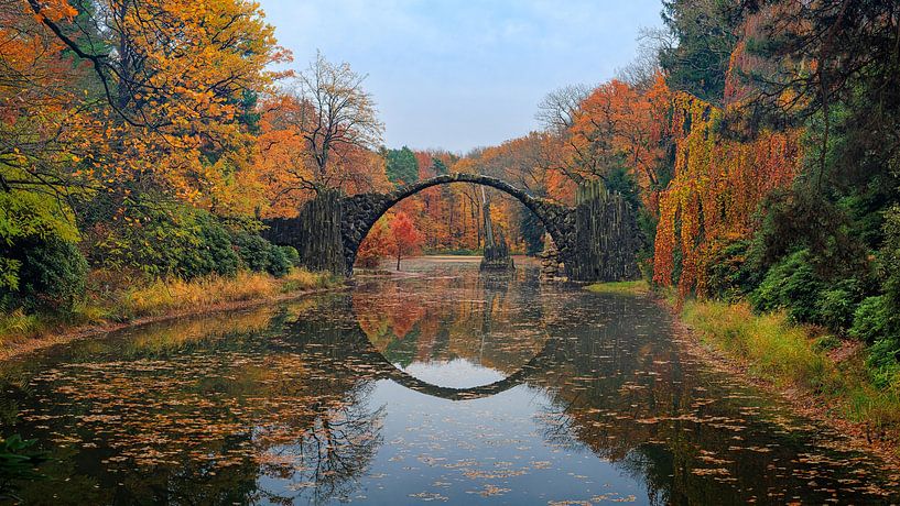 Panorama Rakotzbrücke in autumn, Saxony, Germany by Henk Meijer Photography