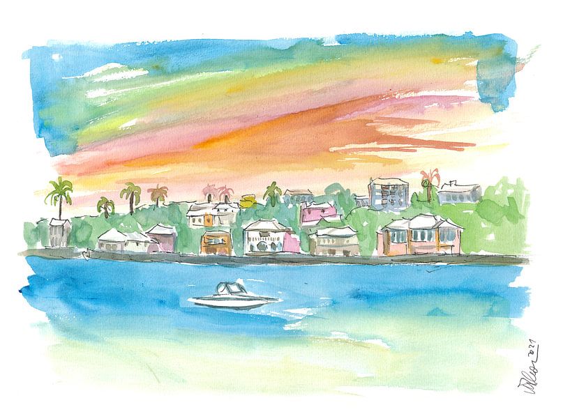 Bermuda Shoreline with houses palm trees and boat by Markus Bleichner