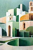 Spanische weiße Stadt, Pueblos Blancos, Alhambra, Geometrie, weiße Gebäude, minimalistisch, Malerei