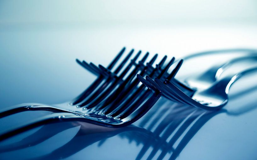Five steel forks on a reflective surface von Andreas Berheide Photography