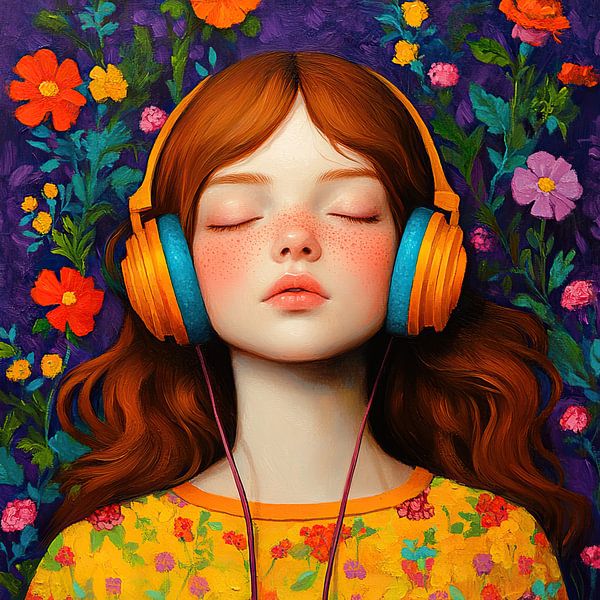 Musik Blumen | Junge Frau Blumen Hintergrund von Blickfänger Gemälde