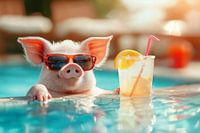 Pig with cocktail in the pool