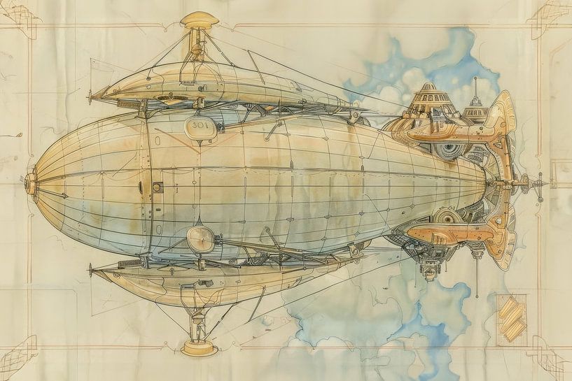 Zeppelin above the clouds - Nostalgic drawing by Peter Pen Drawings and Paintings