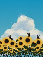 Minimale Kunst der Katze im Sonnenblumengarten