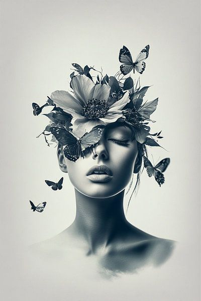 Black-and-white portrait of woman with flowers and butterflies by Marijke Trienekens