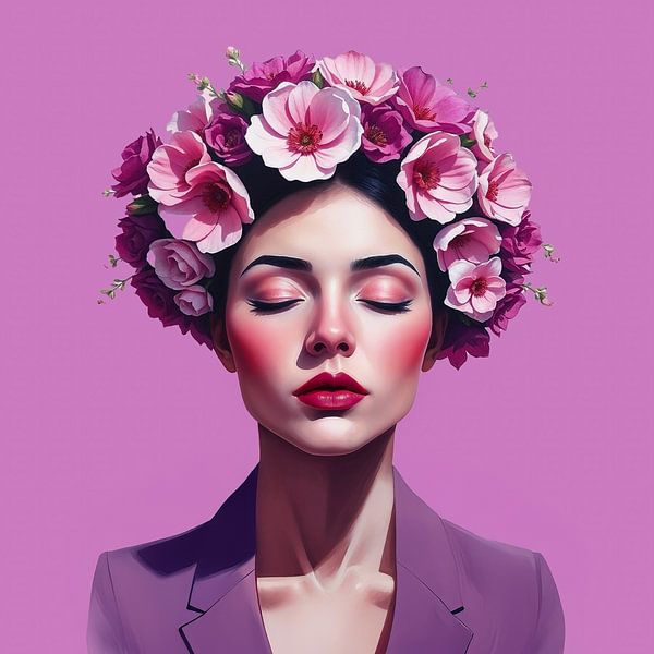 Woman with flowers on her head - purple by Jan Bouma